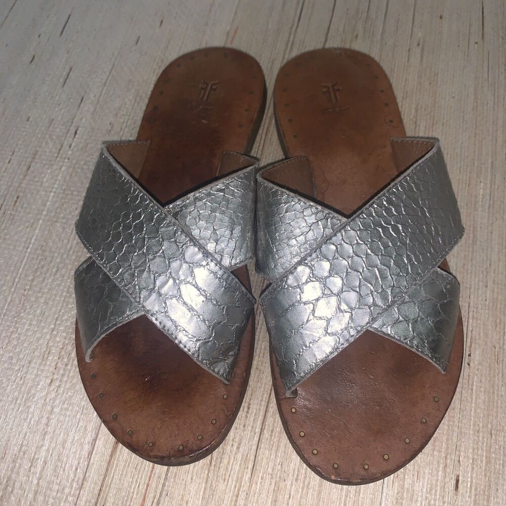 Frye Women Size 6.5 Silver Leather Slide Sandals Beach Resort Quality Casual